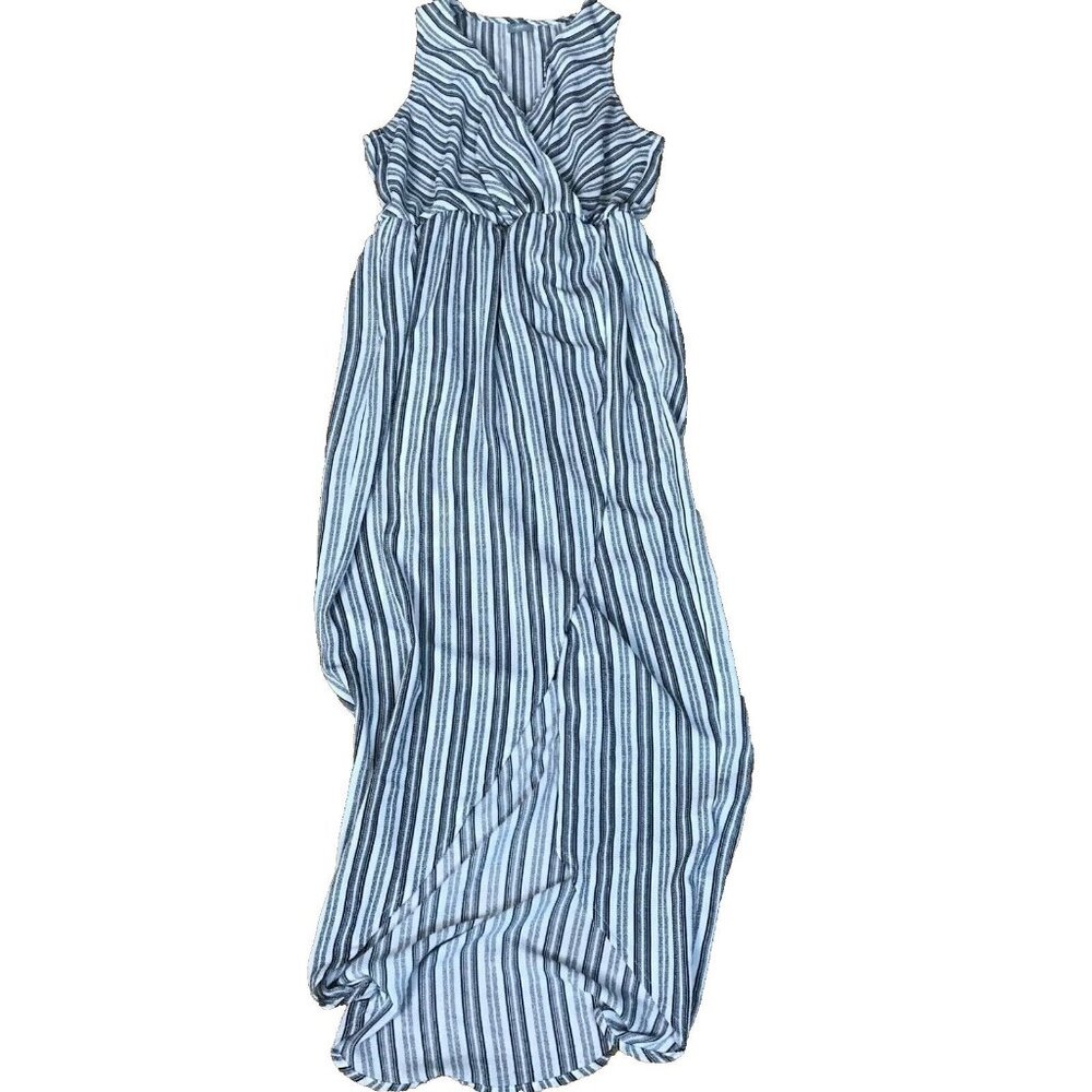 Studio by YDE Maxi Dress Size Lg Striped Grey Blue Sleeveless Elastic Waist